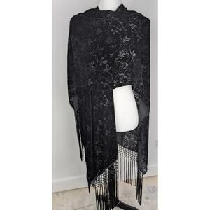 kay Unger burnout silk velvet Wrap/Shawl 58"x 18"+ 12" rayon knotted fringe EUC